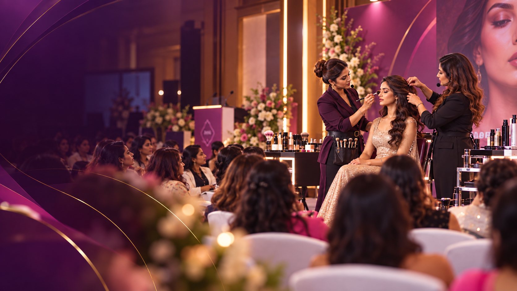 Campaign image of live hair and makeup techniques demonstrated on stage