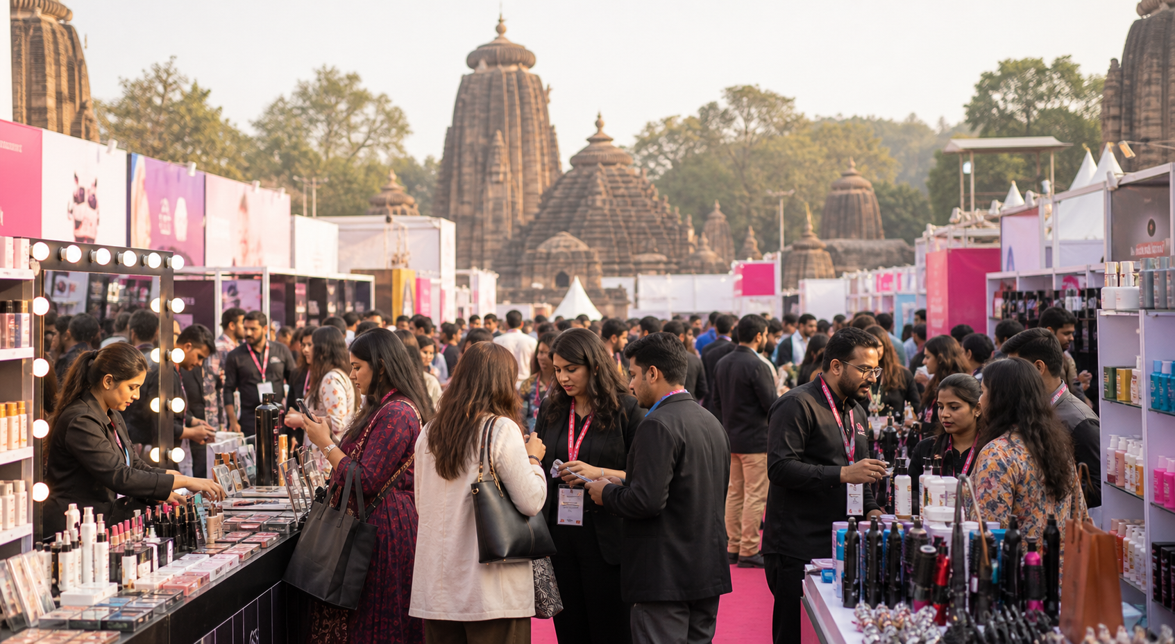 Professional beauty expo market scene in Bhubaneswar with Odisha temple architecture in the background